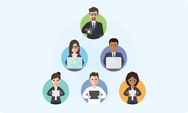 Illustration of a team collaborating on laptops and tablets