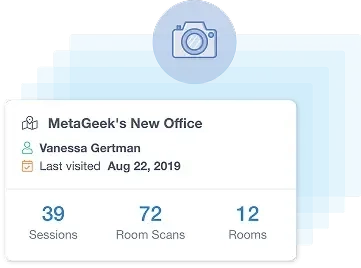 Dashboard card showing activity for ‘MetaGeek’s New Office,’ listing Vanessa Gertman, last visit date, and counts for sessions, room scans, and rooms.